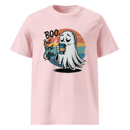 Unisex organic cotton t-shirt "BOO, But First Coffee"