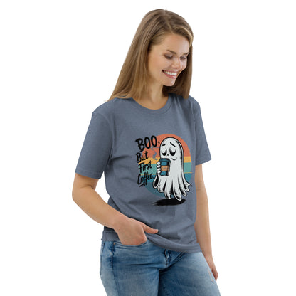 Unisex organic cotton t-shirt "BOO, But First Coffee"