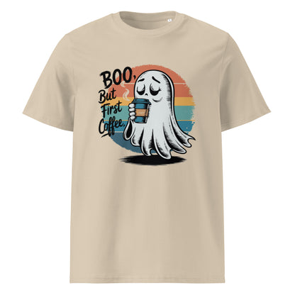 Unisex organic cotton t-shirt "BOO, But First Coffee"