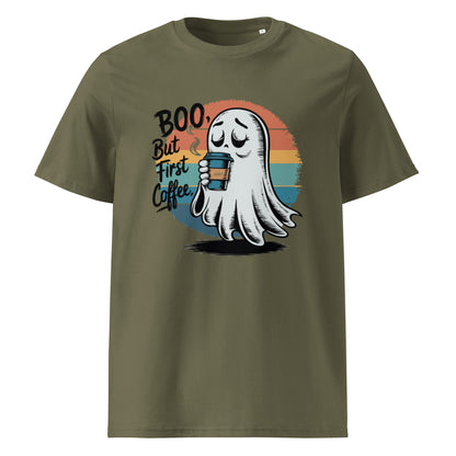 Unisex organic cotton t-shirt "BOO, But First Coffee"