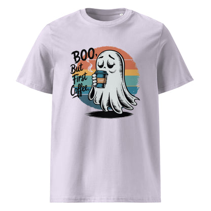 Unisex organic cotton t-shirt "BOO, But First Coffee"