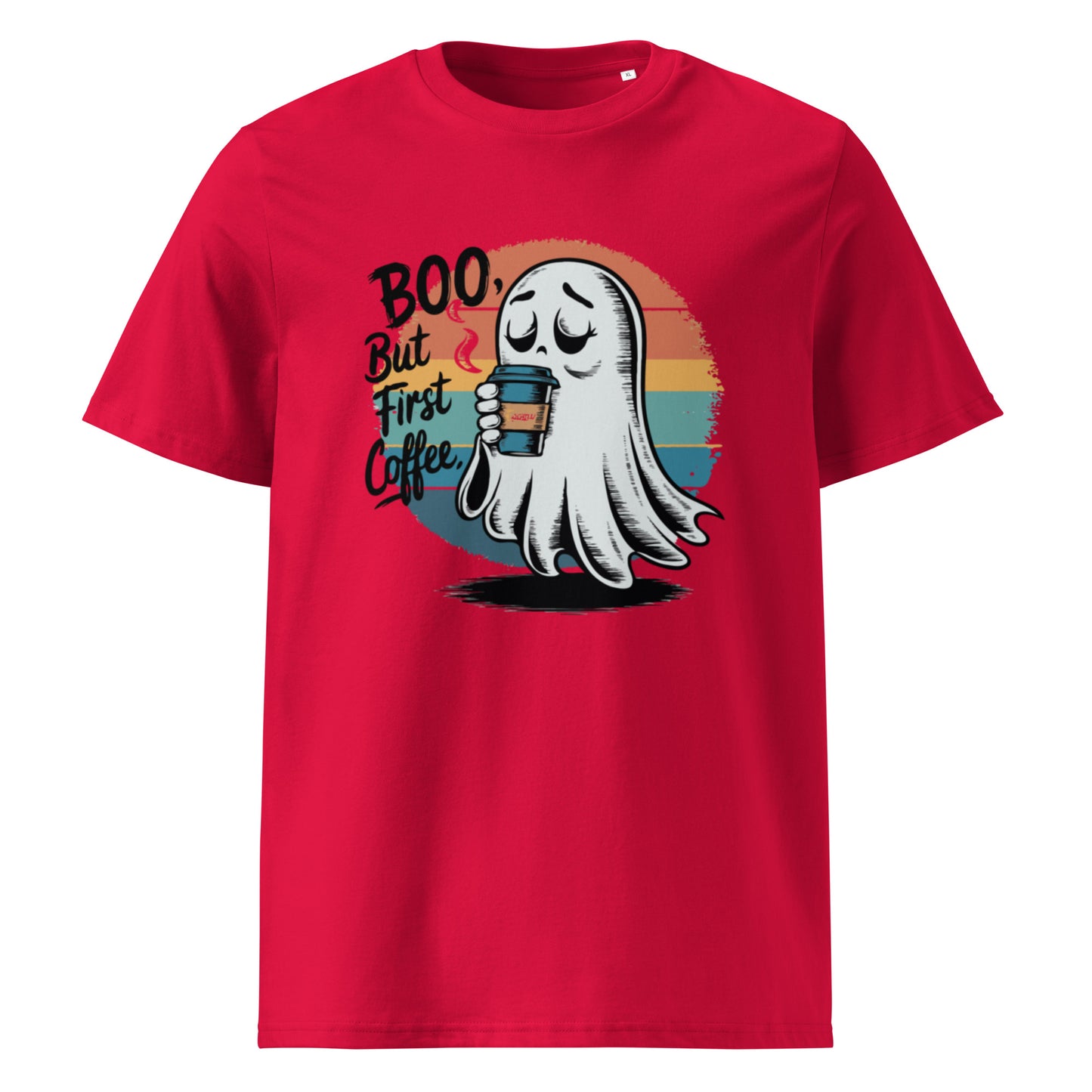 Unisex organic cotton t-shirt "BOO, But First Coffee"