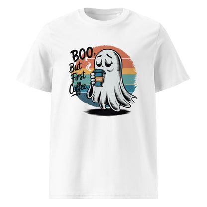 Unisex organic cotton t-shirt "BOO, But First Coffee"